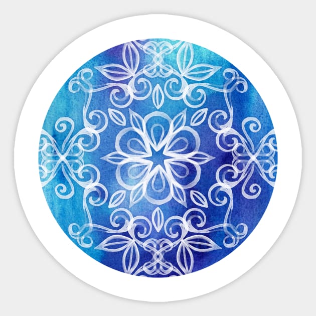 White Floral Painted Pattern on Blue Watercolor Sticker by micklyn